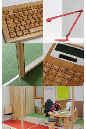 Die Sonderausstellung „Das nachwachsende Büro“<br />präsentiert innovative Büroartikel aus Holz, Bambus, Kork und verschiedenen Biokunststoffen. Collage/Fotos: FNR/Nast/Stelter/Wästberg/Wildermann