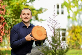 Die Libanonzeder gilt als Alternativbaumart für den Anbau im Klimawandel. Dr. Muhidin Šeho vom Bayerischen Amt für Waldgenetik, Koordinator im Forschungsprojekt „CorCed“, mit einer Baumscheibe der Libanonzeder. Foto: Tobias Hase, StMELF