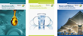 Poster mit Konzeptbildern zu Bioschmierstoffen, Biokunststoffen und zum Bauen mit nachwachsenden Rohstoffen