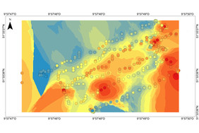 Heatmap der Feldtest-Befliegung. Die Harzquellen (rot) konnte die Drohne mit ihrer elektronik Nose lokalisieren. Ziel sind Karten mit Darstellung der Käferausbreitung. Foto: Datta, Pawan 